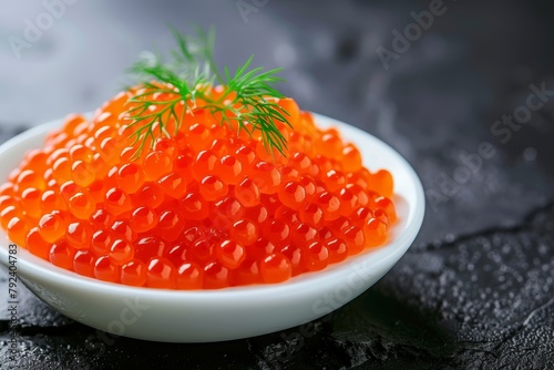 Salmon red caviar presented on a white plate against a dark backdrop embodying a healthy seafood snack