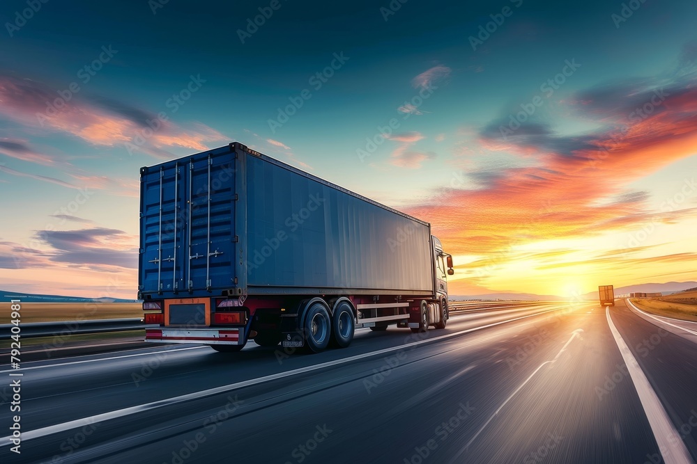 Scenic sunrise sunset with large heavy truck carrying shipping container on highway