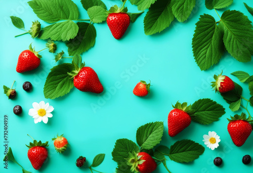  flowers space Turquoise leaves frame background berries text strawberry Background Flower Design Food Summer Frame Nature Easter Spring Leaf White Floral Health Beauty Garden Green Blue Leaves Color 