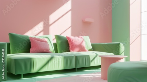 A modern living room with a green sofa, pink cushions, coffee table and soft sunlight casting shadows on pink walls