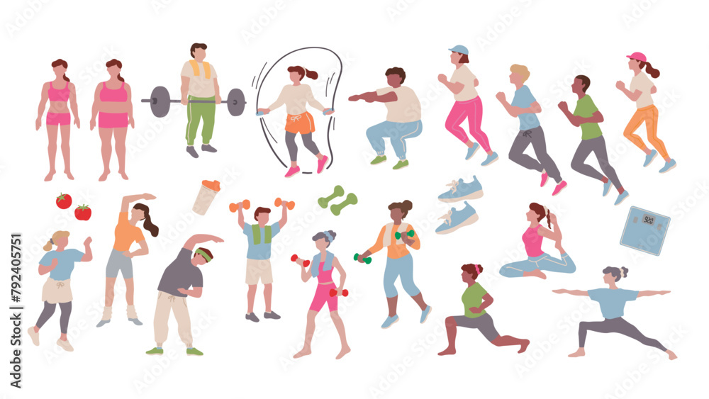 ダイエットの運動、筋トレ、ヨガ、ランニングなどをする人々の手描きベクターイラストセット Set of hand-drawn vector illustrations of people doing weight loss exercises, muscle training, yoga, running, etc. 