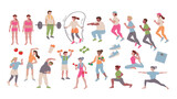 ダイエットの運動、筋トレ、ヨガ、ランニングなどをする人々の手描きベクターイラストセット Set of hand-drawn vector illustrations of people doing weight loss exercises, muscle training, yoga, running, etc. 