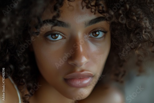Serene African American woman with curly hair posing indoors Serious and attractive young adult gen z lady without a smile Close up portrait