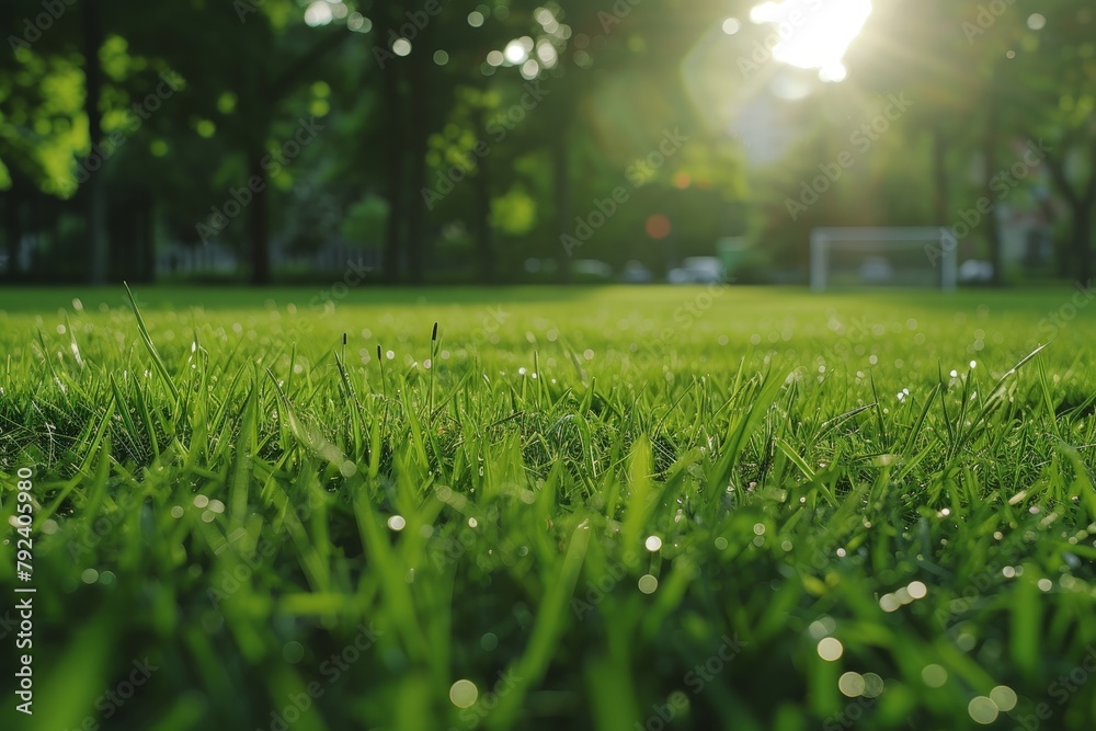 Shallow depth of field captures park soccer field from sideline perspective
