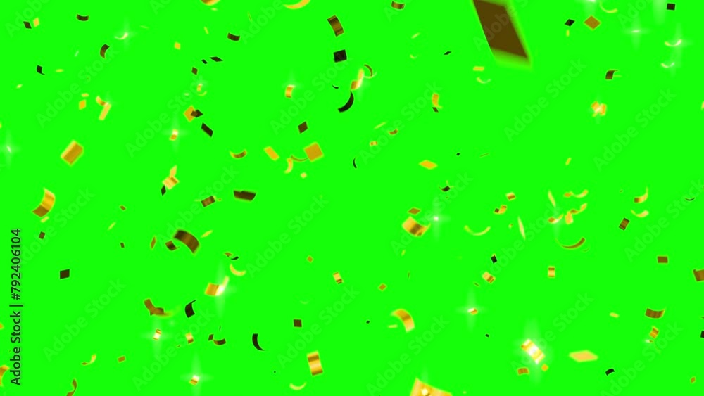 Gold Confetti Falling on Green Screen Background.