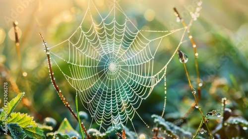 Close-up of dew-covered spider webs, a stunning display of nature's artistry