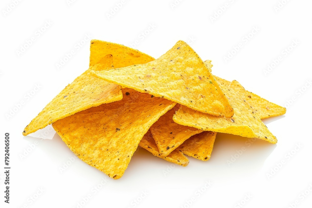 Single corn tortilla chip isolated on white background various angles Single corn tortilla chip isolated on white background various angles