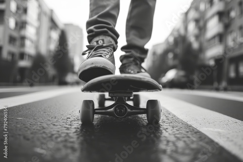 Skateboard on city road extreme sport challenge skateboarder training urban lifestyle black and white picture close up