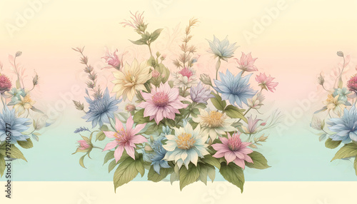 Image of soft pastel gradient background with Bee Balm Flowers © monkik.