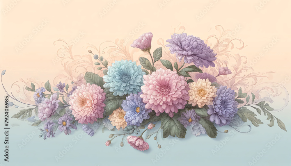 Obraz premium Image of soft pastel gradient background with Purple Mums Flowers