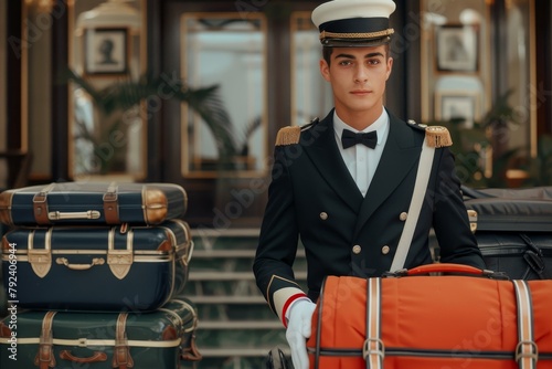 Smartly dressed bellboy with white gloves gazes at camera near luggage cart