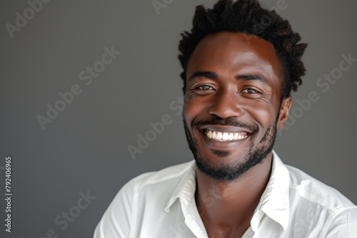 Smiling African American man portrayed healthily on a gray backdrop photo