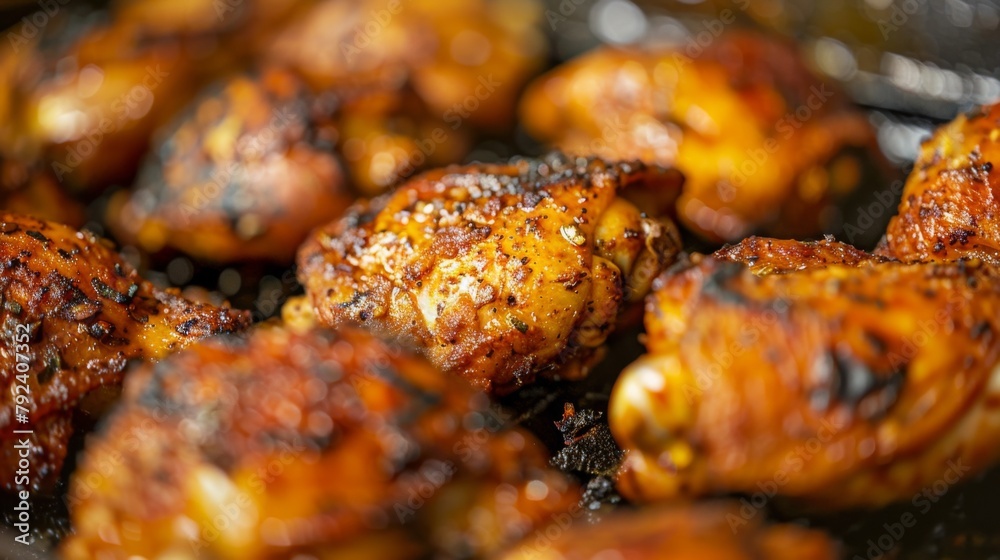 Close-up of freshly fried chicken thighs, golden brown and seasoned to perfection.