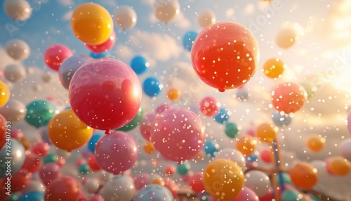 Colorful balloons create a sky art pattern at event