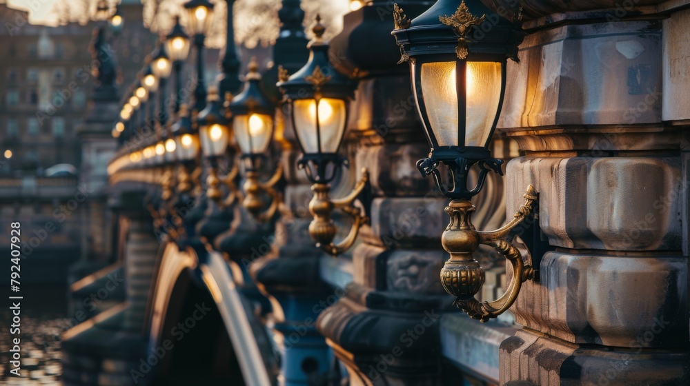 Close-up of ornate street lamps lining a historic bridge, adding a touch of old-world charm to the riverside scene.