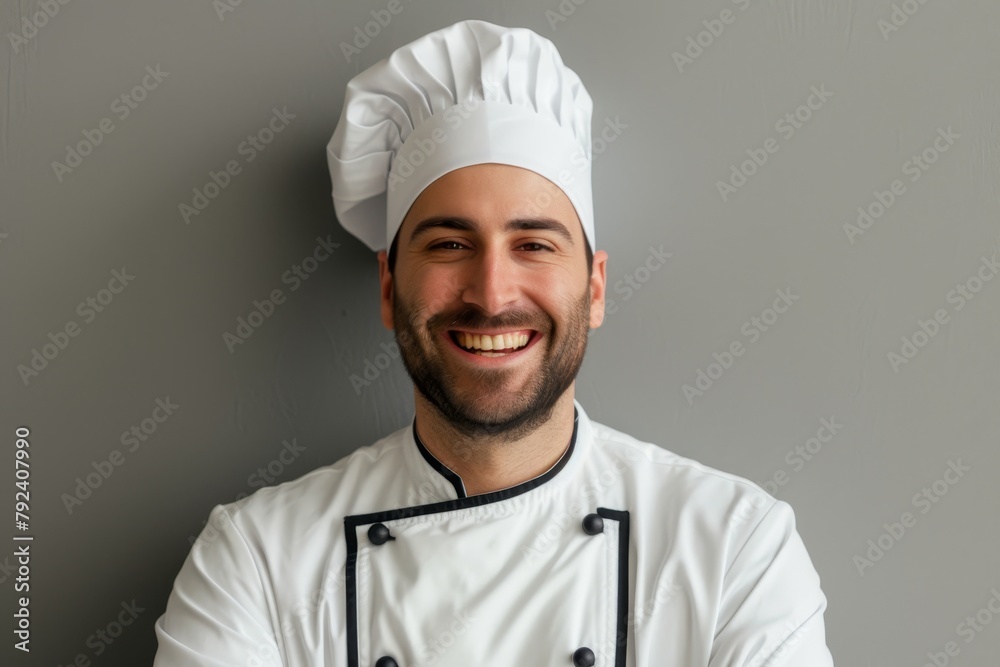 Smiling male chef wearing toque and jacket culinary concept Smiling male chef wearing toque and jacket culinary concept