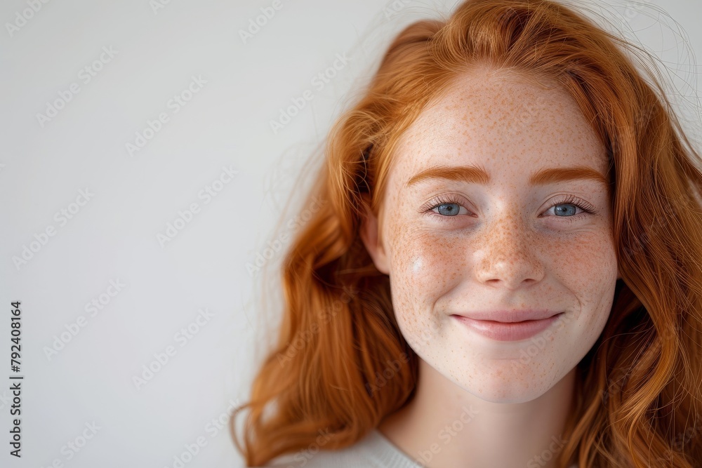 Smiling redhead girl with freckles poses for headshot White backdrop Smiling redhead girl with freckles poses for headshot White backdrop