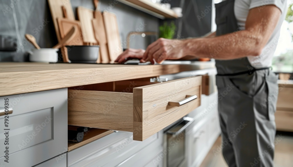 A man in a house is pulling open a drawer in the kitchen A man in a house is pulling open a drawer in the kitchen