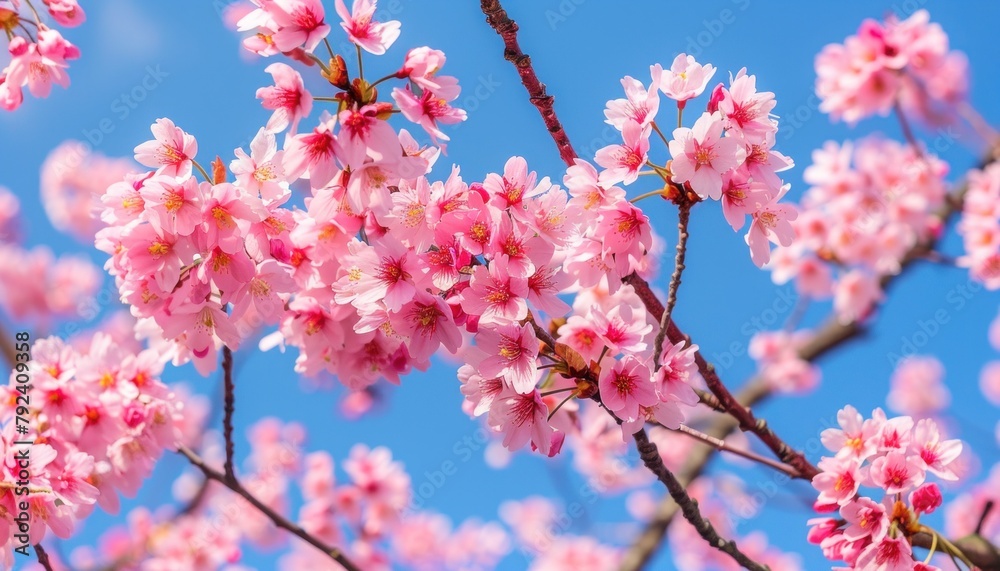 Close up of pink cherry blossom tree against blue sky Close up of pink cherry blossom tree against blue sky