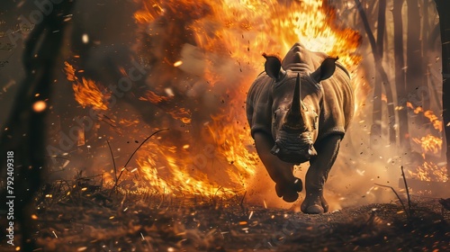 rhino running from fire forest