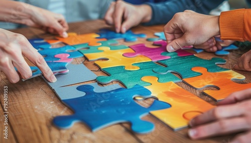 Friends assembling puzzle on wooden table for leisure indoor fun