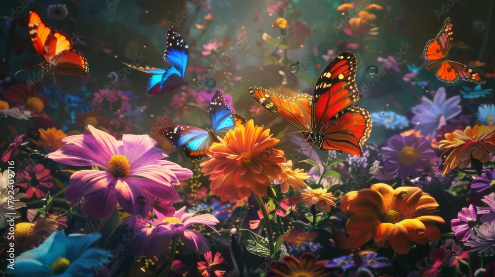 Colorful butterflies fluttering among vibrant flowers, showcasing the beauty of nature's delicate winged creatures.