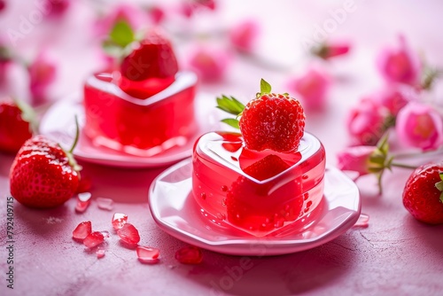 Strawberry heart shaped gelatin dessert for Valentine s Day photo