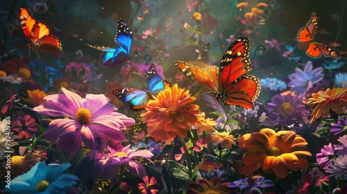 Colorful butterflies fluttering among vibrant flowers, showcasing the beauty of nature's delicate winged creatures. © Plaifah