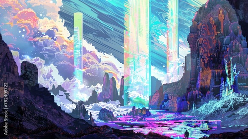 Illustrate a surreal futuristic landscape with glitch art influences, combining vibrant colors and distorted perspectives in a pixel art style