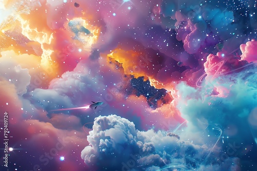 Illustrate a surreal space exploration journey where a rocket navigates through a dynamic network of celestial bodies, encapsulated by a cosmic cloud formation Employ a combination of digital techniqu photo