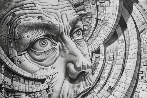 Illustrate a top-down perspective of a thought-provoking street artwork blending psychoanalysis with the idea of time perception Opt for detailed pen and ink rendering to enhance the intricate symboli photo