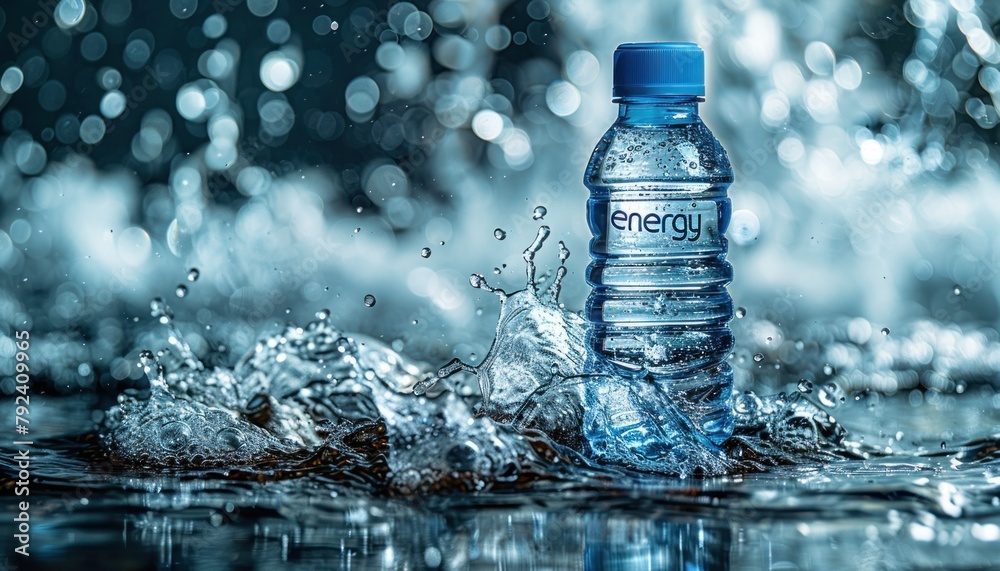 A plastic bottle of mineral water splashes into a puddle of liquid water A plastic bottle of mineral water splashes into a puddle of liquid water