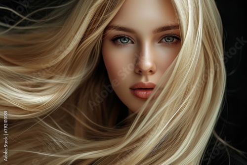Studio portrait of a stunning blond girl with flawless hair and timeless makeup photo