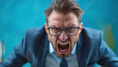Businessman shouting at everyone: scene of tense conflict in the office photo