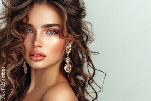 Stunning brunette model with wavy hair curly hairstyle earrings and jewelry