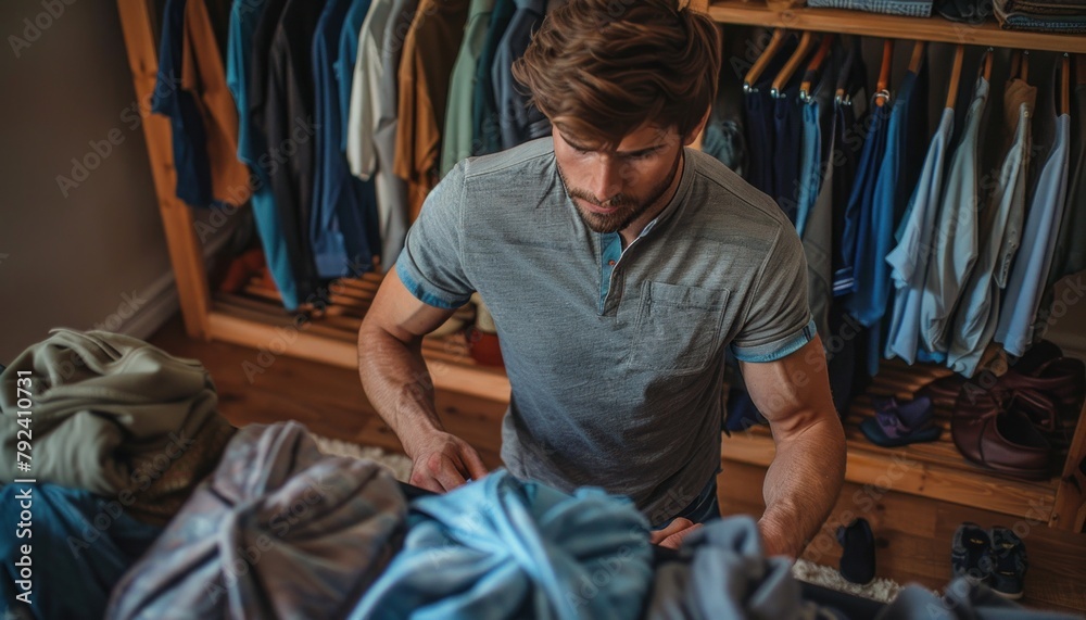 A man is standing in front of a closet full of clothes