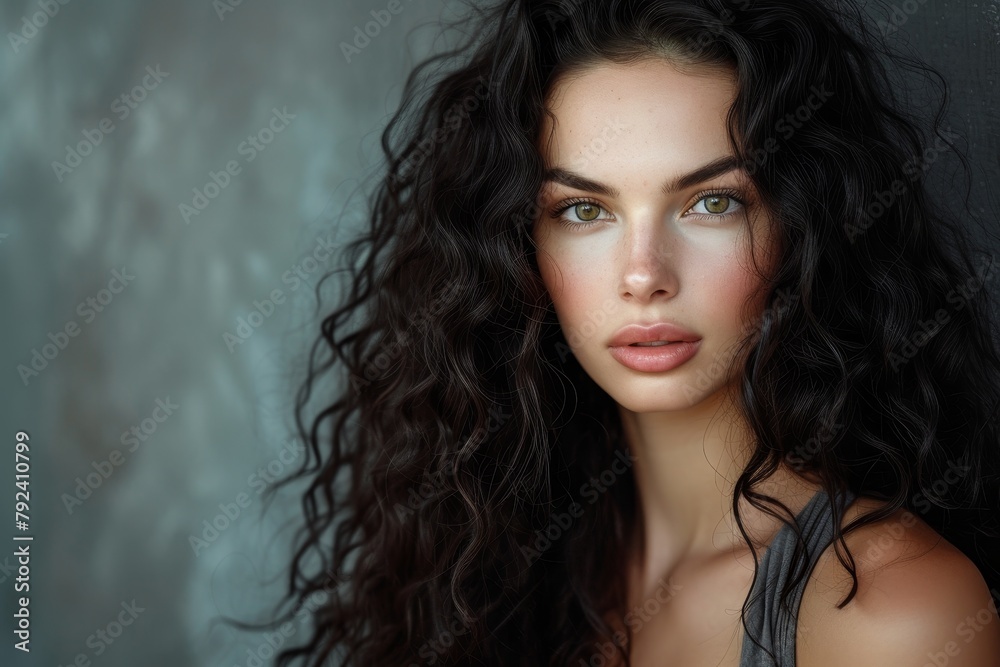 Stunning model with curly black hair photographed in a studio