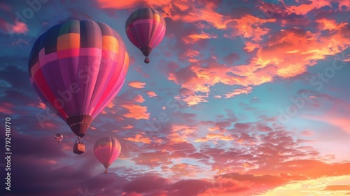 Colorful hot air balloons soaring gracefully against a vibrant sunset sky