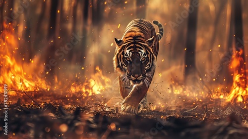 Tiger running from fire forest photo