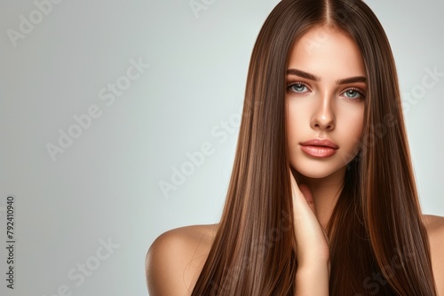 Stunning woman with sleek straight hair Keratin treatments spa care for beautiful smooth hairstyle