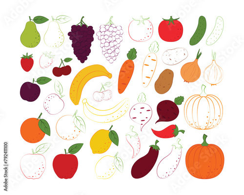 Fruit coloring set. Children's coloring book with a picture of fruits. Such as pear, strawberry, grape, cherry and banana and also orange, lemon, plum and apple. Vector illustration