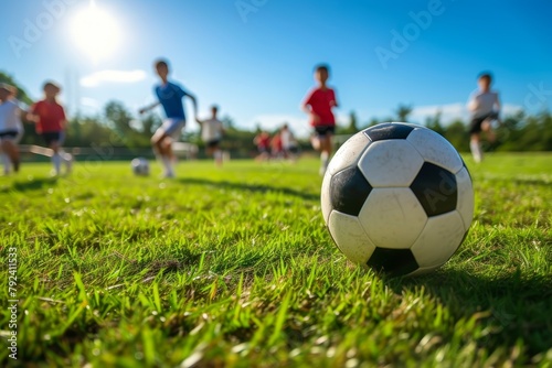 Summer soccer training camp for school children involves practicing on a grass field by running kicking balls © The Big L