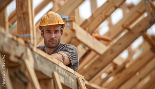 A tradesman in a hard hat is constructing a wooden plank structure photo