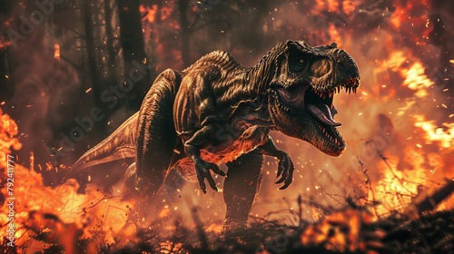 Tyrannosaurus Rex Running in Flame Forest © Hungarian