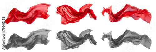 2 Collection set of red maroon grey gray long silk satin cloth fabric floating flying in the air on transparent background cutout, PNG file. Mockup template for artwork graphic design photo