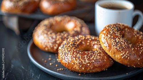 Delicious breakfast bagel on dark plate next to a cup of fresh coffee. On bistro countertop. 