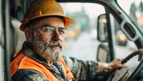 Elderly man with facial hair and hard hat drives van with safety vest photo