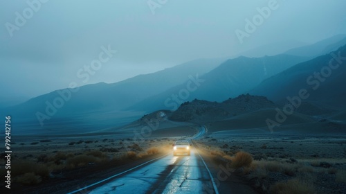 Cruising through mountainous terrain, car headlights illuminating the picturesque landscape