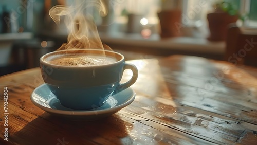 Closeup of a steaming cup of coffee on a table. Concept Coffee, Beverage, Morning, Relaxing, Warmth photo
