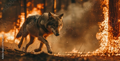 Wolf Running in Flame Forest